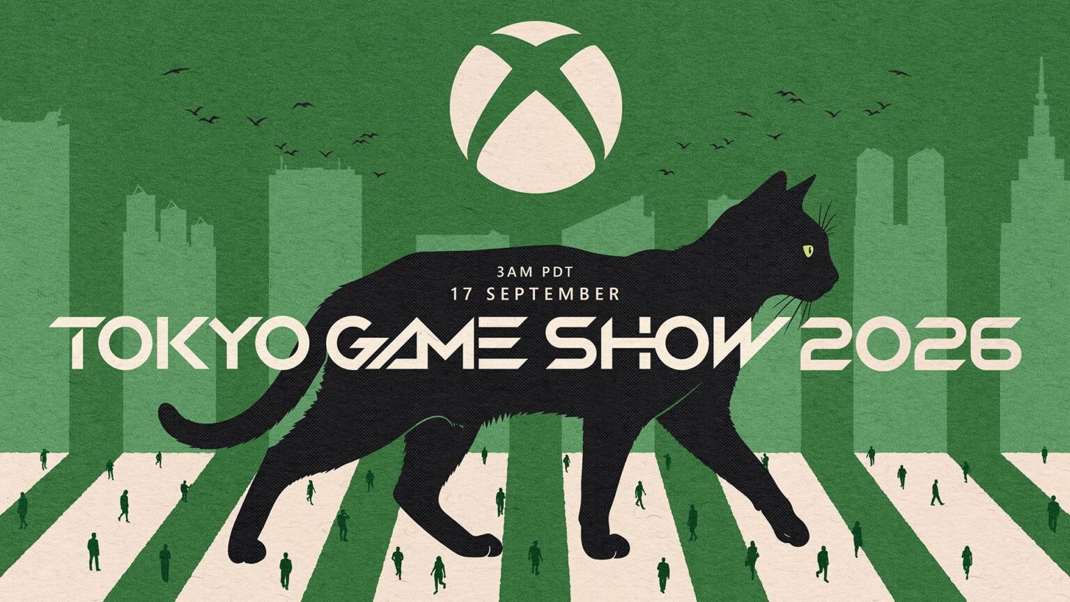 Xbox-Motiv zur Tokyo Game Show 2026 mit schwarzer Katze in Tokio - Bild: Microsoft