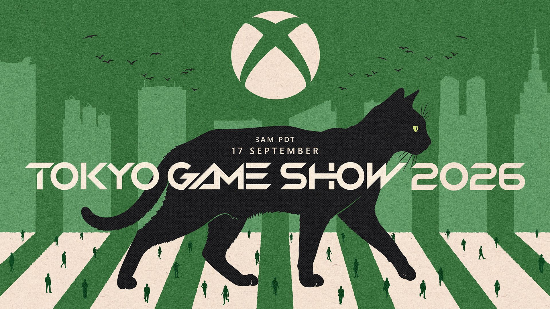 Xbox-Motiv zur Tokyo Game Show 2026 mit schwarzer Katze in Tokio - Bild: Microsoft