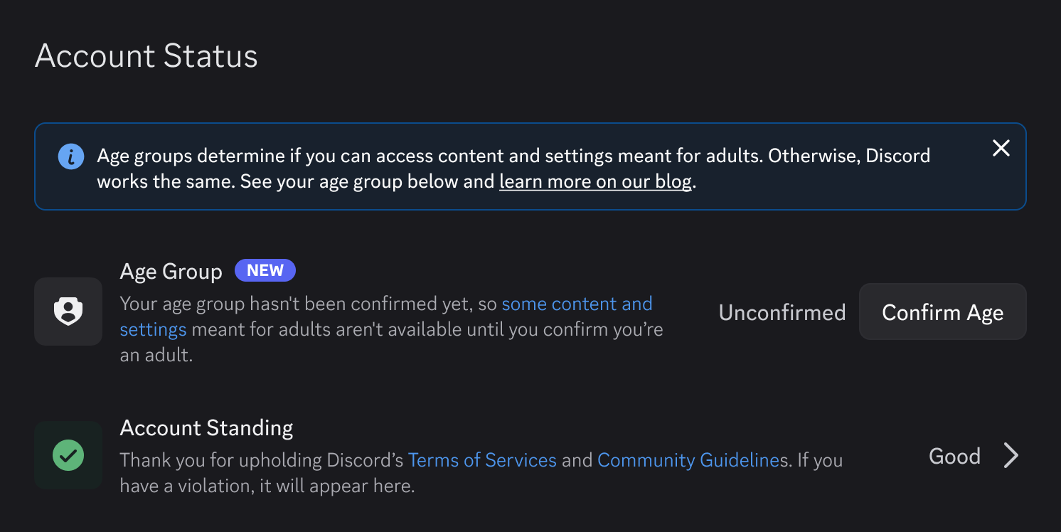 Discord-Kontoeinstellungen mit unbestätigter Altersgruppe und zusätzlicher Altersprüfung - Bild: Discord