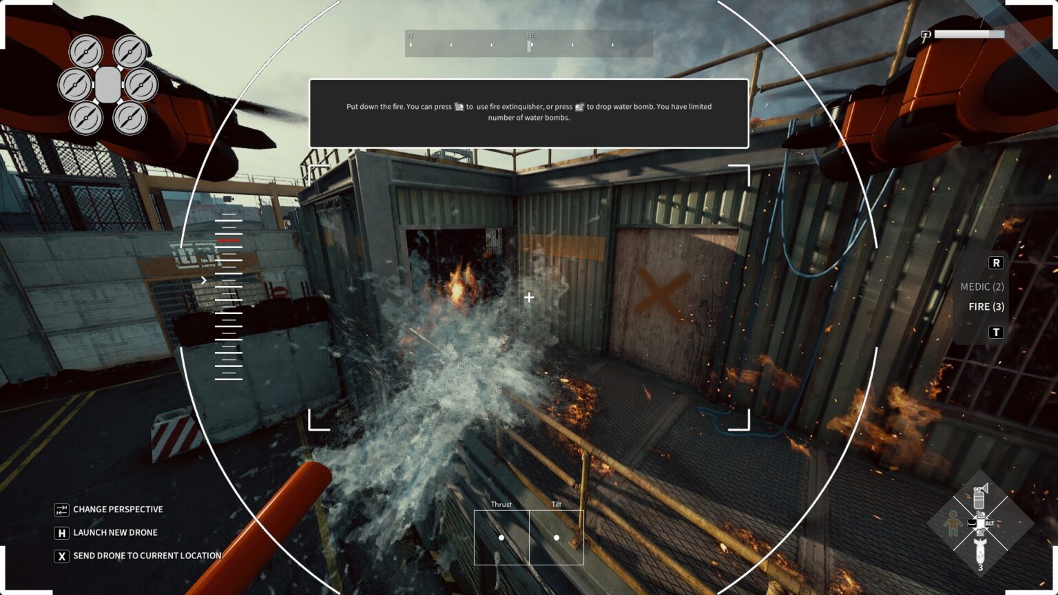 Rettungsdrohne löscht einen Brand in Rescue Drone Simulator: Second Chance - Bild: The Farm 51 und Anraga Studios