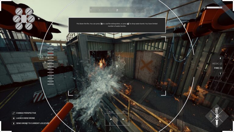 Rettungsdrohne löscht einen Brand in Rescue Drone Simulator: Second Chance - Bild: The Farm 51 und Anraga Studios