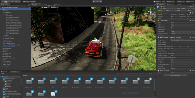 AirSim-Fahrzeug auf einer virtuellen Straße im Unity-Editor - Bild: Microsoft Research