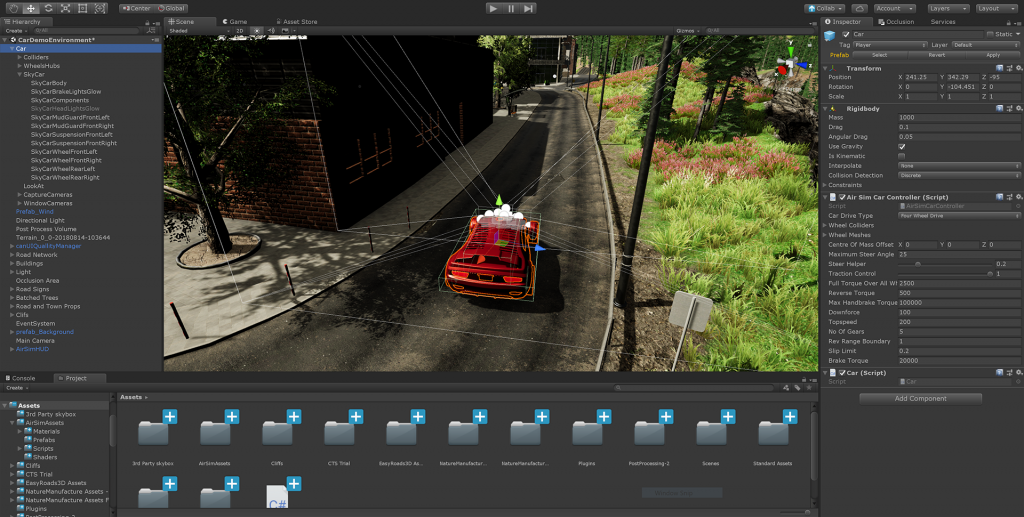 AirSim-Fahrzeug auf einer virtuellen Straße im Unity-Editor - Bild: Microsoft Research