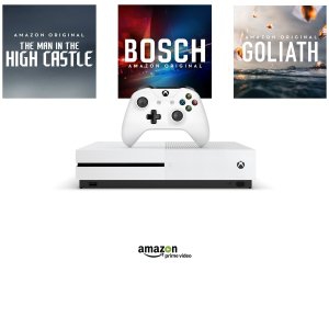 Offizielles Xbox-One-S-Motiv zur Amazon-Video-App mit Serienbildern, Konsole und Controller aus der Ankündigung 2017 - Bild: Microsoft / Xbox Wire