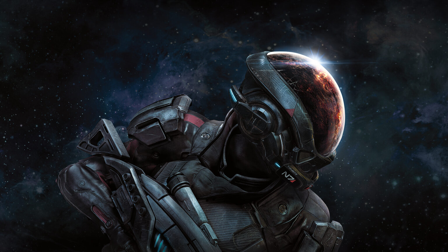 Offizielles Key-Art zu Mass Effect: Andromeda mit bewaffneter Figur im N7-Anzug - Bild: BioWare / Electronic Arts