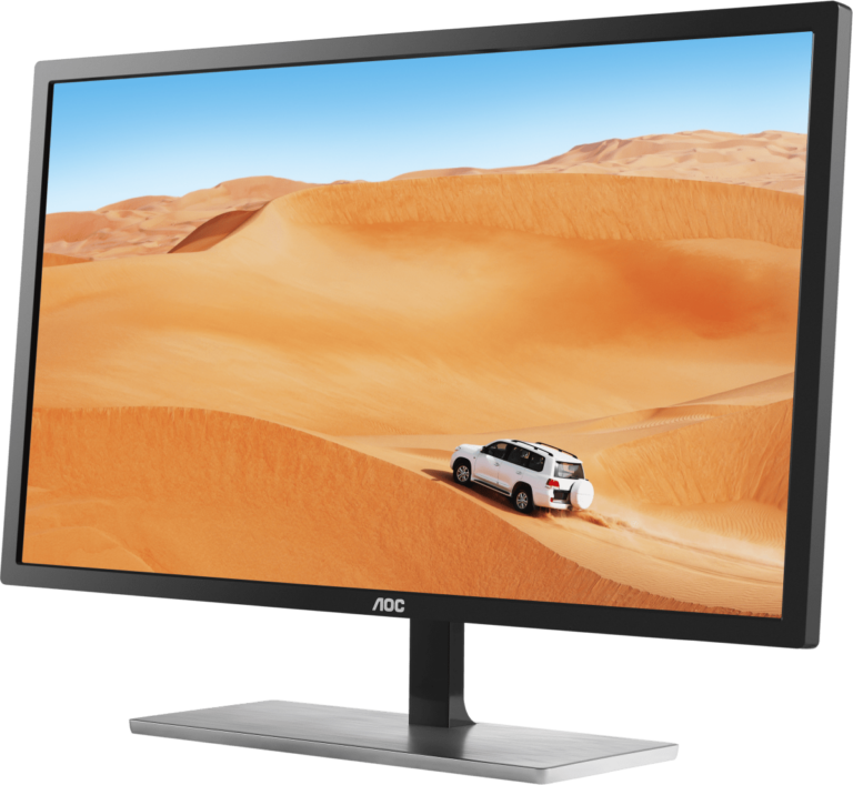 Offizielle Produktabbildung des AOC Q3279VWF mit schwarzem Displayrahmen und silbernem Standfuß - Bild: AOC