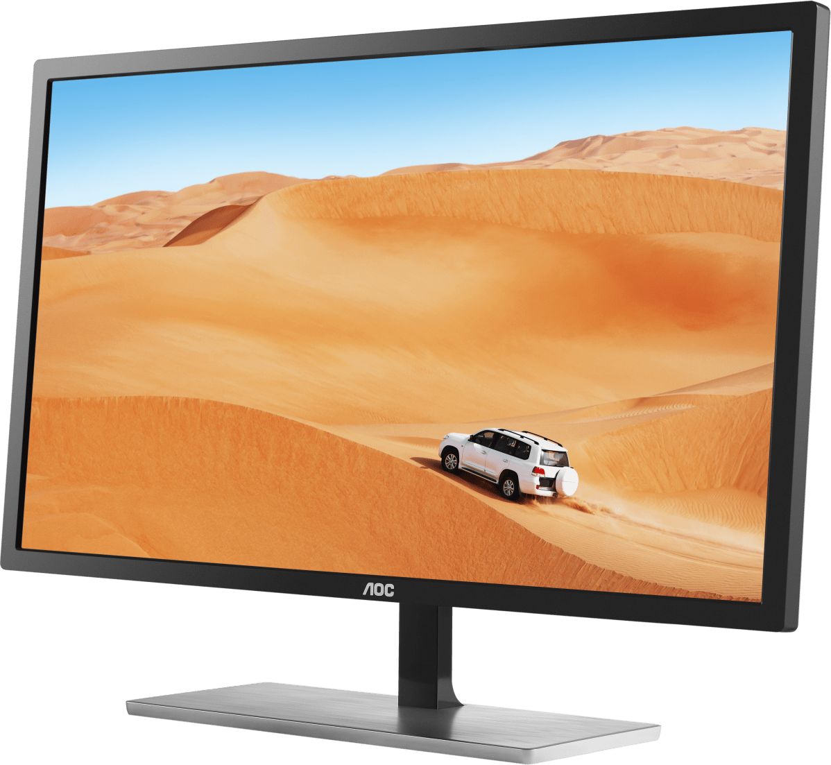 Offizielle Produktabbildung des AOC Q3279VWF mit schwarzem Displayrahmen und silbernem Standfuß - Bild: AOC