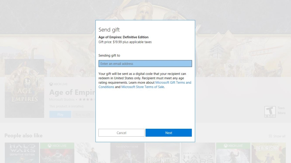 Microsoft-Store-Geschenkdialog für Age of Empires: Definitive Edition vom Mai 2018, Symbolbild - Bild: Microsoft