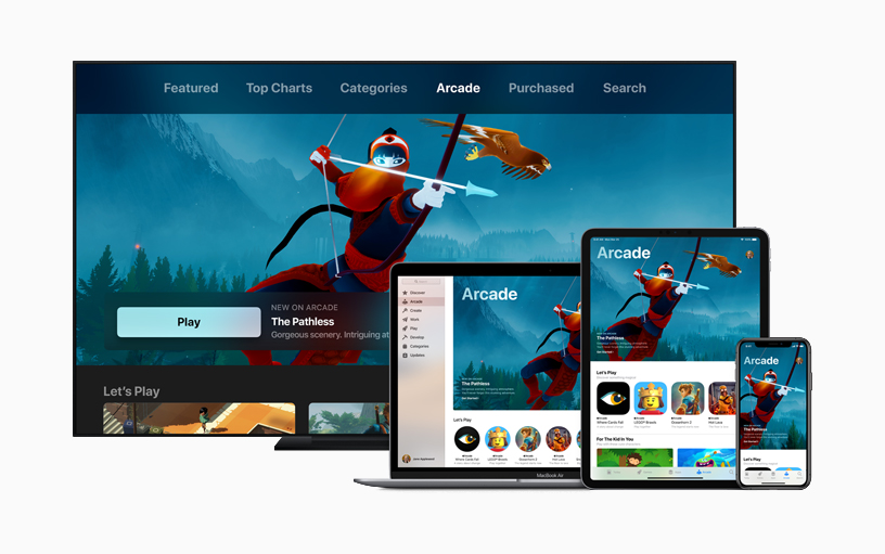 Apple-Pressegrafik zur Arcade-Ankündigung von März 2019 mit The Pathless auf iPhone, iPad, Mac und Apple TV - Bild: Apple