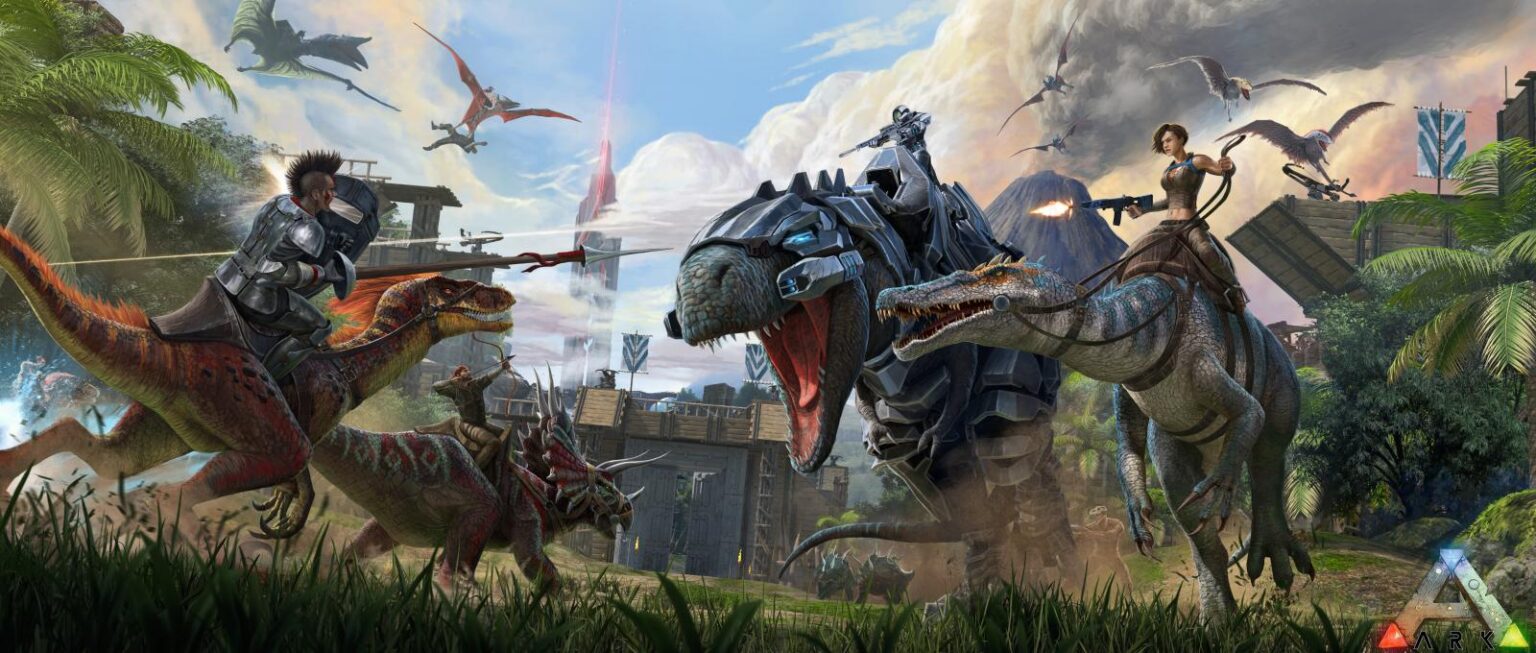 Offizielles ARK-Survival-Evolved-Key-Art von 2017 mit bewaffneten Figuren und Dinosauriern, Illustration der damaligen Plattformmeldung - Bild: Studio Wildcard