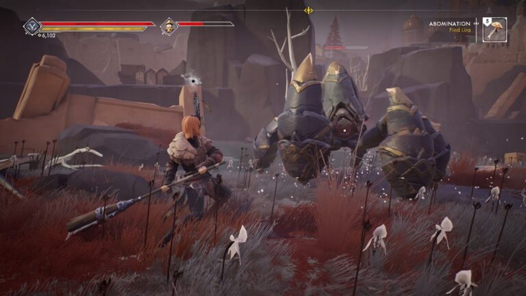 Offizieller Ashen-Screenshot mit Spielfigur und Gegner in einer stilisierten Landschaft, kein Auflösungsbenchmark - Bild: A44 / Annapurna Interactive / Xbox Wire