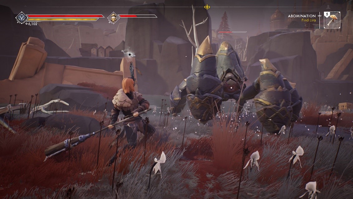Offizieller Ashen-Screenshot mit Spielfigur und Gegner in einer stilisierten Landschaft, kein Auflösungsbenchmark - Bild: A44 / Annapurna Interactive / Xbox Wire