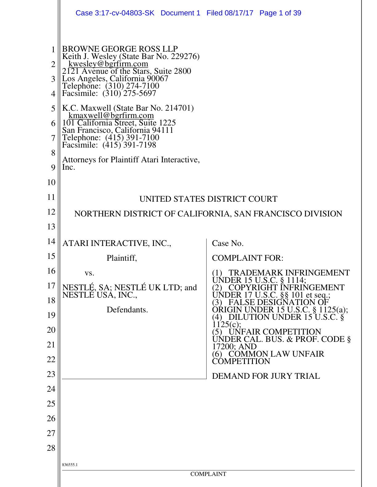 Erste Seite der am 17. August 2017 eingereichten Atari-Klageschrift gegen Nestlé, kein Urteil - Bild: Atari Interactive / US District Court