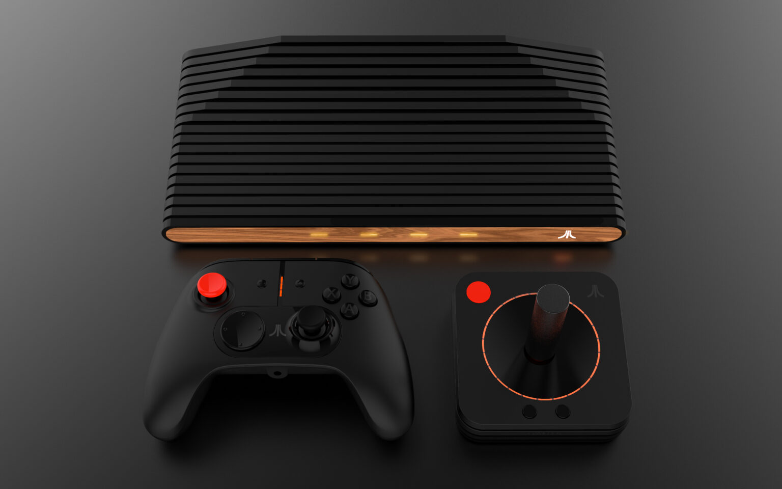 Offizielles Atari-VCS-Pressemotiv von März 2018 mit Konsole, Classic Joystick und Modern Controller im Prototypenstand - Bild: Atari Inc.