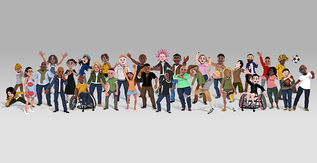 Offizielle Gruppe neuer Xbox-Avatare mit unterschiedlichen Outfits und Rollstühlen - Bild: Microsoft
