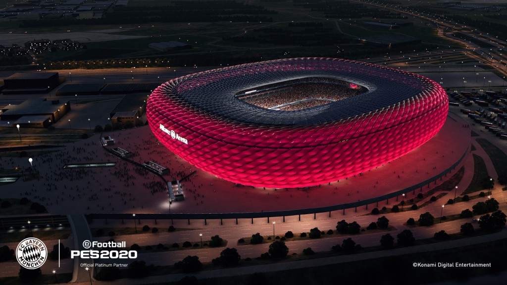 Nachbildung der Allianz Arena in eFootball PES 2020 auf dem Partnerschaftsmotiv von Juli 2019 - Bild: Konami Digital Entertainment
