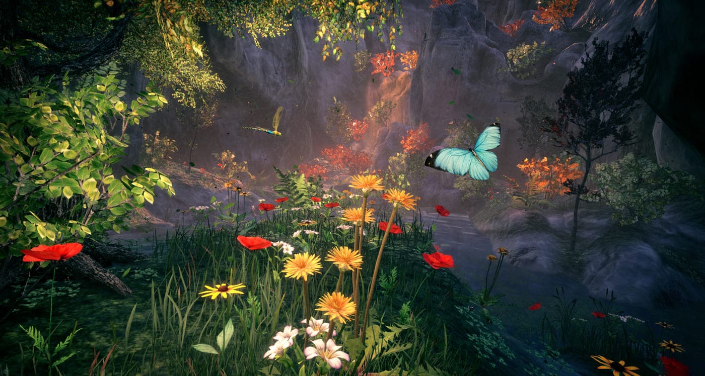 Offizieller Screenshot aus Bee Simulator mit Schmetterling und blühender Spielumgebung - Bild: Bigben Interactive / VARSAV Game Studios