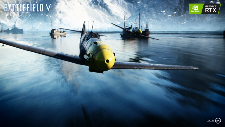 Offizieller Battlefield-V-Screenshot mit Flugzeugen und Spiegelungen auf Wasser - Bild: NVIDIA, EA und DICE