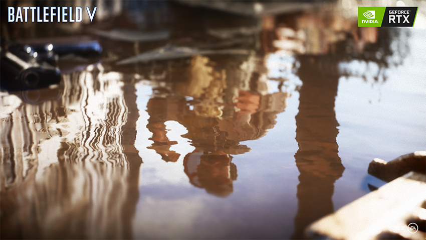 Offizieller Battlefield-V-Screenshot mit Gebäudereflexionen in einer Wasserfläche, kein Benchmarkdiagramm - Bild: EA/DICE und NVIDIA