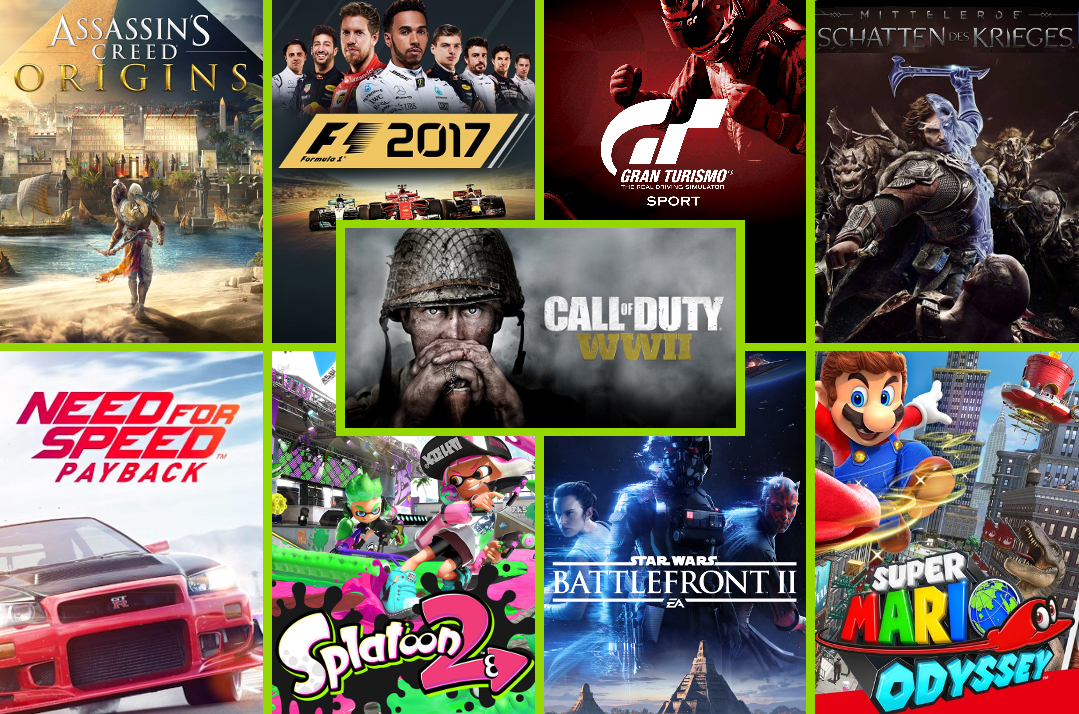 Offizielle BIU-Collage der im November 2017 ausgezeichneten Spiele mit Call of Duty WWII in der Mitte - Bild: BIU