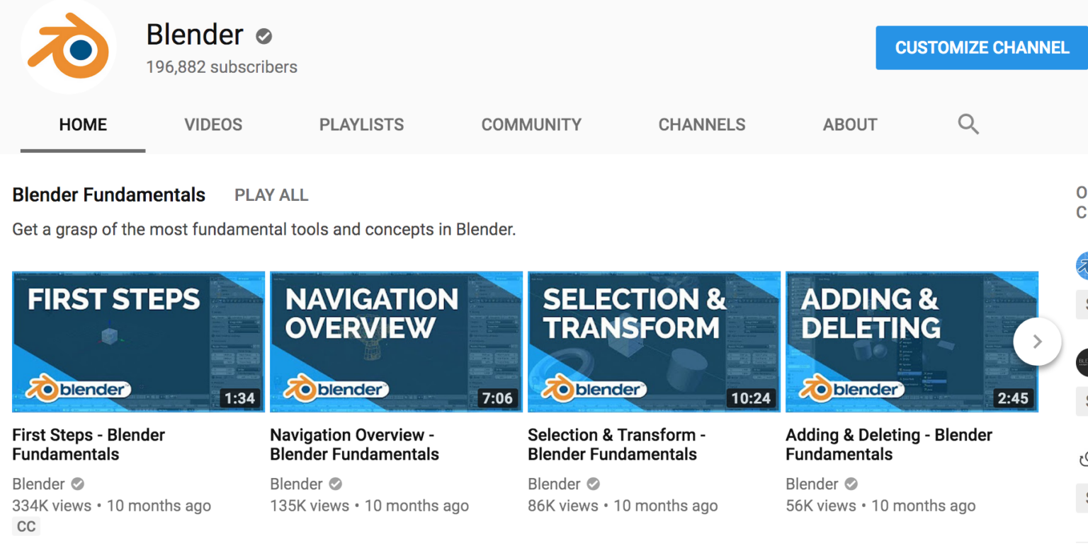 YouTube-Kanal der Blender Foundation mit Lernvideos, Screenshot vom Juni 2018 - Bild: Blender Foundation