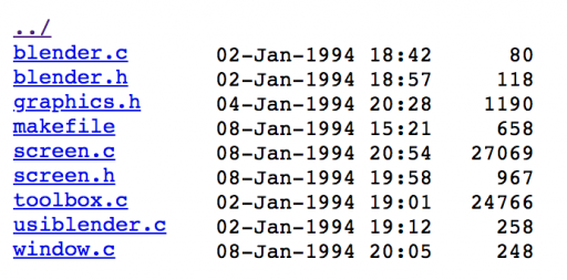 Dateiliste mit historischen Blender-Quelldateien und Zeitstempeln vom Januar 1994 - Bild: Blender Foundation