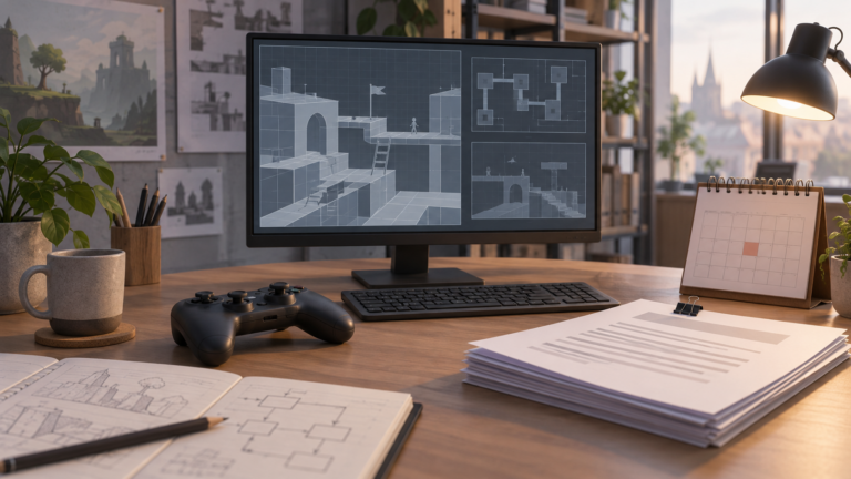 KI-generierte Symbolillustration zur Games-Förderung: Entwicklungsarbeitsplatz mit Unterlagen und Controller - Bild: XboxDev (KI-generiert)