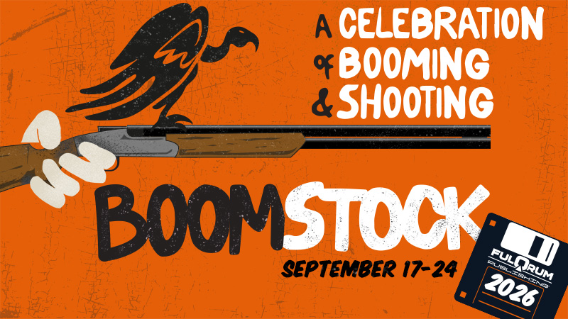 Boomstock 2026: orangefarbenes Festivalmotiv mit Rabe, Gewehr und Termin - Bild: Fulqrum Publishing / Steam