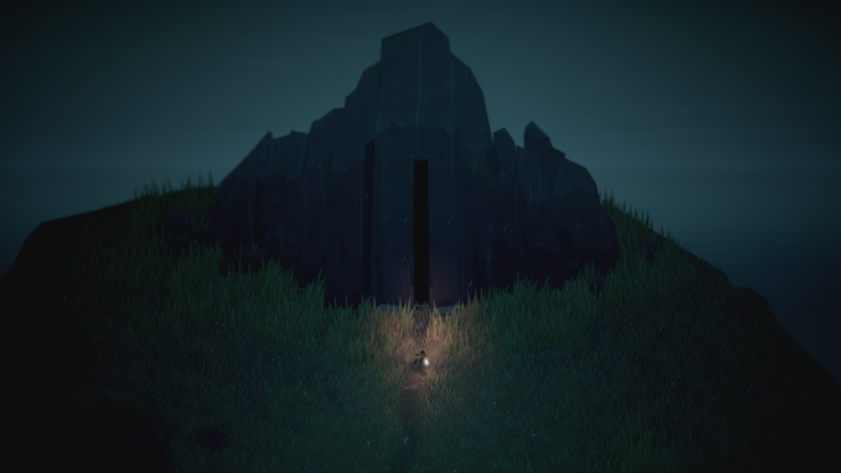 Offizieller Below-Screenshot von 2018 mit beleuchteter Spielfigur vor einem steinernen Eingang - Bild: Capybara Games / Xbox Wire