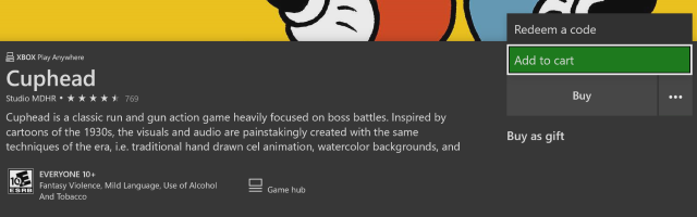 Offizieller Xbox-Store-Screenshot von August 2018: Add to cart im Menü der Cuphead-Produktseite - Bild: Microsoft