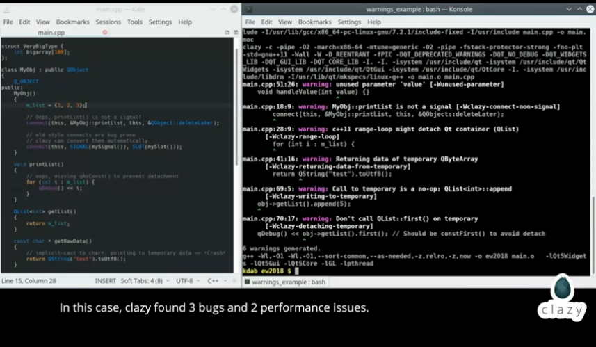 Offizielle clazy-Projektillustration mit Qt-Quelltext und Compilerwarnungen, kein Nachweis einer eigenen Messung oder der Oberfläche von Version 1.5 - Bild: KDE / KDAB
