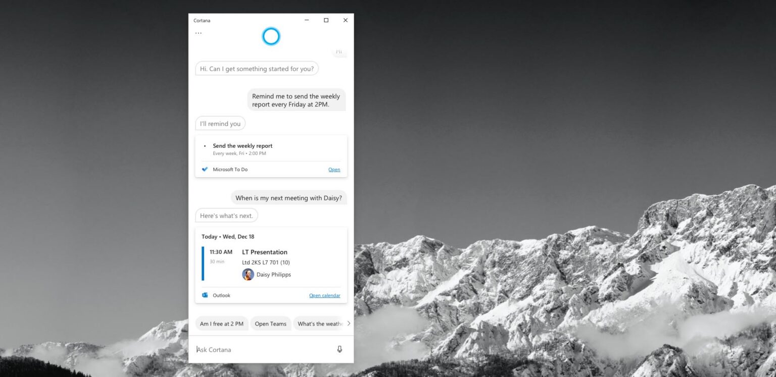 Cortana-Chatfenster mit Microsoft-To-Do-Erinnerung und Outlook-Termin vor Bergkulisse - Bild: Microsoft / Windows Experience Blog