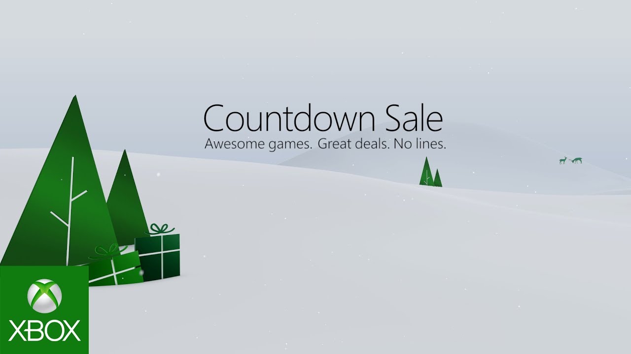 Offizielles Xbox-Countdown-Sale-Motiv mit grünen Tannen und Geschenken in einer Schneelandschaft - Bild: Xbox / Microsoft