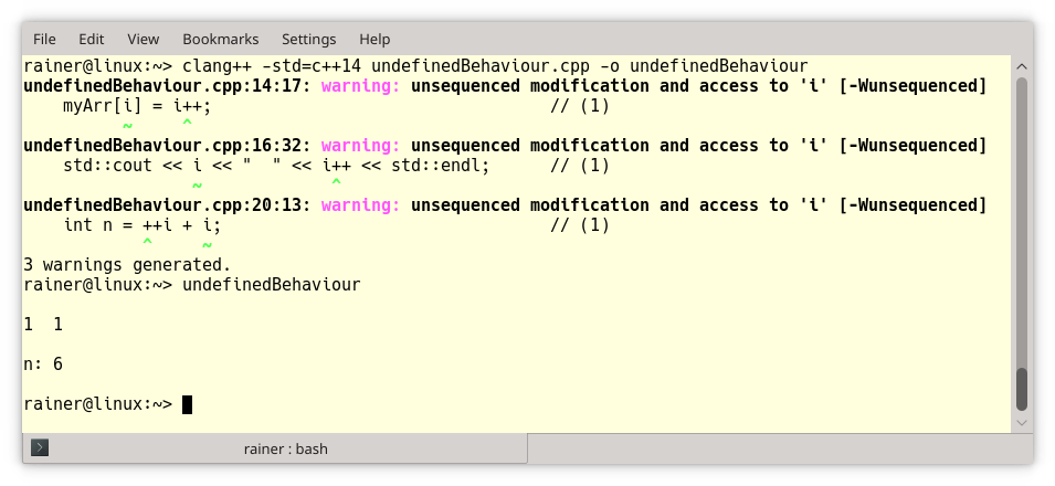 Clang-Warnungen zu undefiniertem Verhalten in einem C++14-Programm