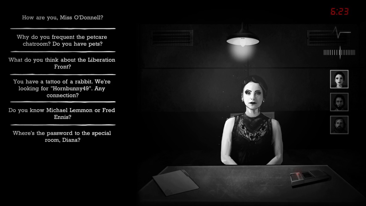 Verhörszene mit Dialogoptionen aus dem offiziellen Interrogation-Teaser von 2018 - Bild: Critique Gaming
