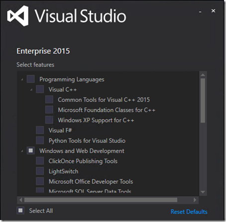 Offizieller Screenshot der anpassbaren Installation von Visual Studio 2015, Illustration des damaligen Entwicklungswerkzeugs - Bild: Microsoft