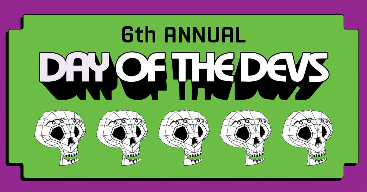 Offizielles grün-violettes Motiv der sechsten Ausgabe von Day of the Devs mit stilisierten Schädeln - Bild: Day of the Devs / Double Fine / iam8bit