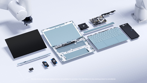 Concept Luna als zerlegter Notebook-Prototyp mit Roboterarmen - Bild: Dell Technologies