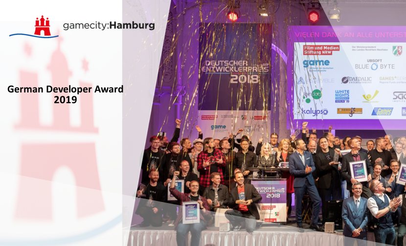 Offizielles Ausschreibungsmotiv für 2019 mit einer Aufnahme der Preisverleihung 2018 - Bild: Gamecity Hamburg