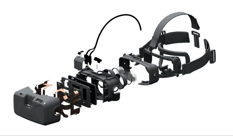 Offizielle Explosionsansicht des Oculus Rift DK2 mit Gehäuse, Optik und Elektronik - Bild: Oculus