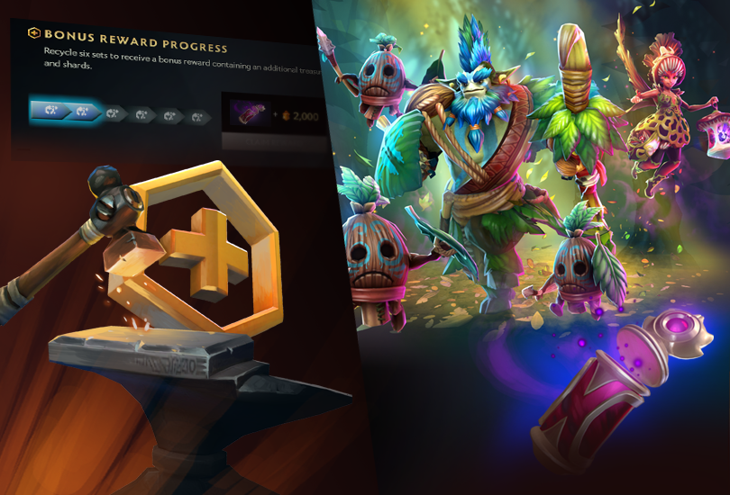 Dota-Plus-Motiv mit Gegenständen und Fortschrittsanzeige für das Recycling von sechs Sets - Bild: Valve