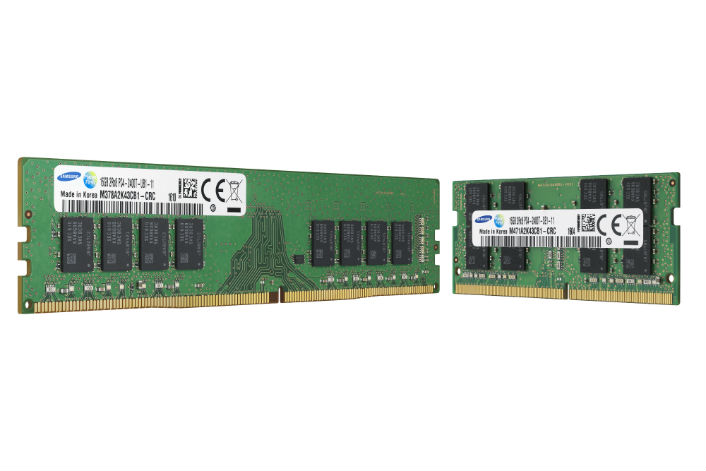 Samsung-DDR4-Module und Speicherchips aus der Herstellerankündigung vom April 2016, Symbolmotiv zum DRAM-Markt - Bild: Samsung