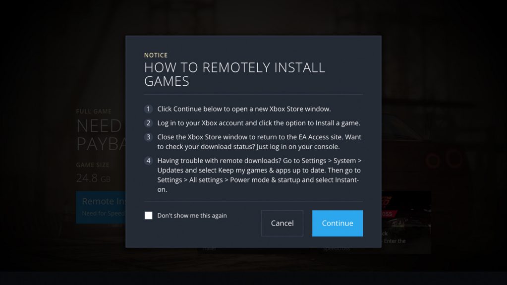 Angekündigte EA-Access-Weboberfläche mit Hinweis zur Remote-Installation über den Xbox Store - Bild: Electronic Arts