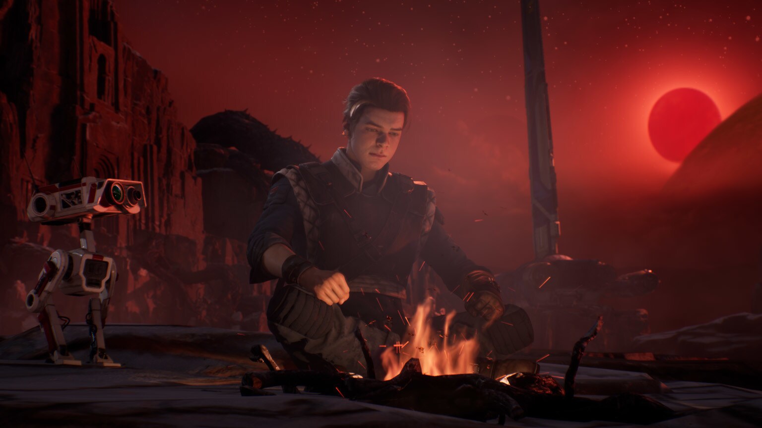 Cal Kestis und BD-1 am Feuer in Star Wars Jedi: Fallen Order - Bild: Lucasfilm / Electronic Arts