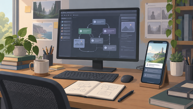 Symbolillustration einer Arbeitsstation für interaktive Mobile-Erzählspiele, kein Foto von Endless Entertainment - Bild: XboxDev, Illustration
