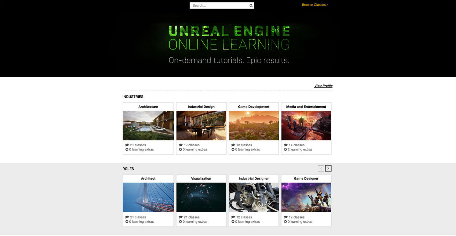 Offizielle Kursübersicht von Unreal Engine Online Learning aus der Ankündigung im August 2018 mit Branchen- und Rollenbereichen - Bild: Epic Games