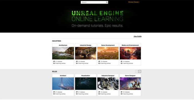 Offizielle Kursübersicht von Unreal Engine Online Learning aus der Ankündigung im August 2018 mit Branchen- und Rollenbereichen - Bild: Epic Games