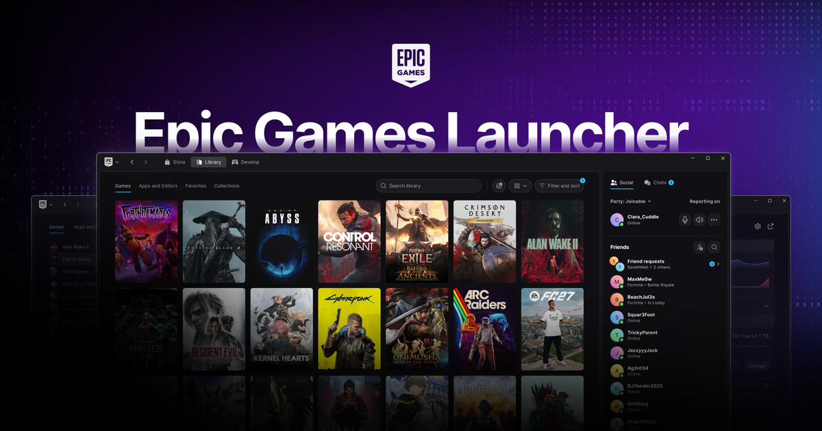 Offizielles Motiv des neuen Epic Games Launchers mit Bibliothek und Chatleiste - Bild: Epic Games
