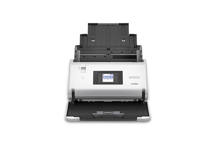 Epson DS-30000 mit geöffnetem Papiereinzug, Ausgabefach und Touchscreen - Bild: Epson