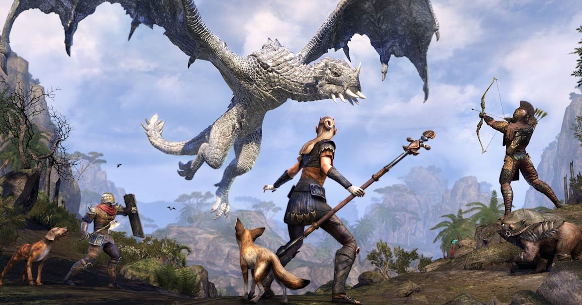 Offizielles Motiv der ESO-Kampagne SlayDragonsSaveCats mit Drachen, Abenteurern und Haustieren - Bild: Bethesda Softworks